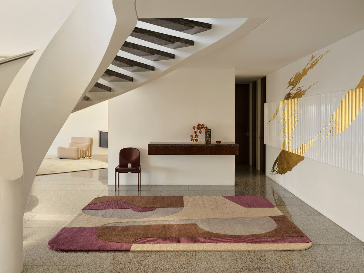 Rozzo wool handknot rug by Greg Natale styled in a modern interior – luxury designer rug with tonal geometric pattern, handknotted in wool for texture, depth, and durability