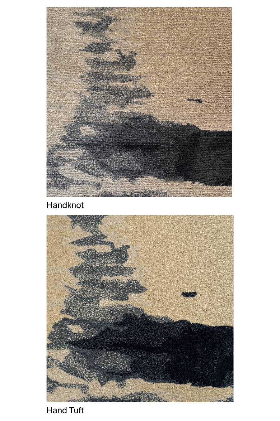Close-up image of the Byron Bay rug sample, showcasing both hand-knotted and hand-tufted techniques.