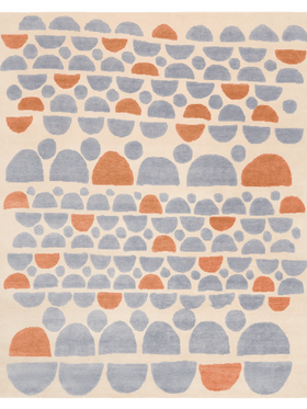 Overhead view of Semi rug in blue, orange and beige