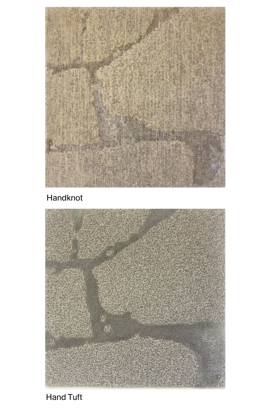Two square texture samples on a white background, labeled 'Handknot' and 'Hand Tuft'. The top sample shows a woven beige/tan texture with a handknot pattern, and the bottom sample shows a denser speckled gray-beige texture with a handtuft pattern.