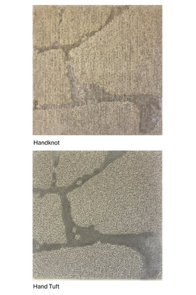 Two square texture samples on a white background, labeled 'Handknot' and 'Hand Tuft'. The top sample shows a woven beige/tan texture with a handknot pattern, and the bottom sample shows a denser speckled gray-beige texture with a handtuft pattern.