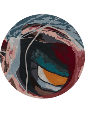 A round area rug featuring an abstract, painterly design with flowing brushstrokes in deep red, slate blue, charcoal gray, dusty pink, teal, and a warm mustard yellow accent.
