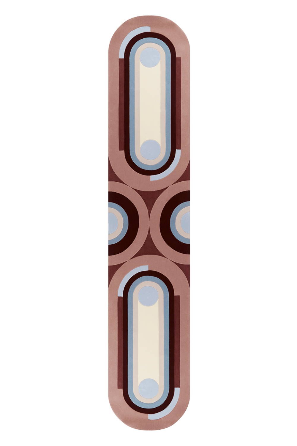A modern, minimalist vertical rectangular rug with rounded ends, featuring a mid-century geometric pattern of cream, light blue, dark brown, and dusty rose on a white background.