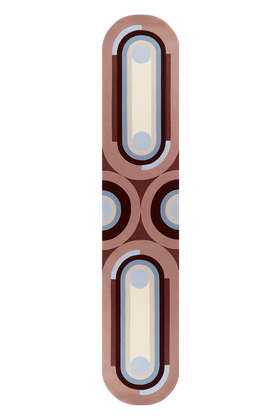 A modern, minimalist vertical rectangular rug with rounded ends, featuring a mid-century geometric pattern of cream, light blue, dark brown, and dusty rose on a white background.
