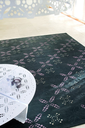 close up of brodie rug by bernabeifreeman in charcoal geometric dot pattern