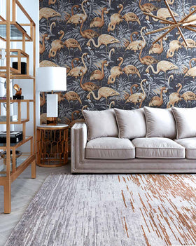 Living room image of distressed Bilby rug in bronze colour