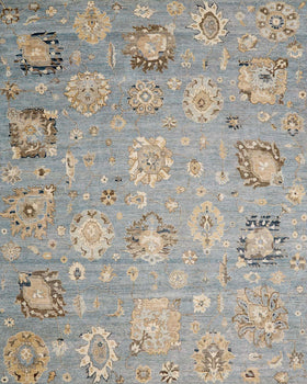 Overhead image of floral Cadiz rug in blue colour