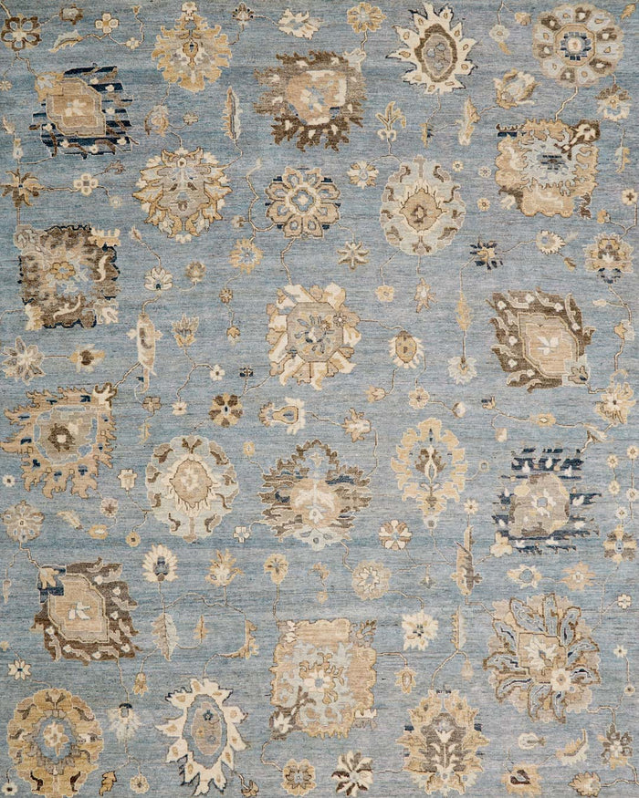 Overhead image of floral Cadiz rug in blue colour