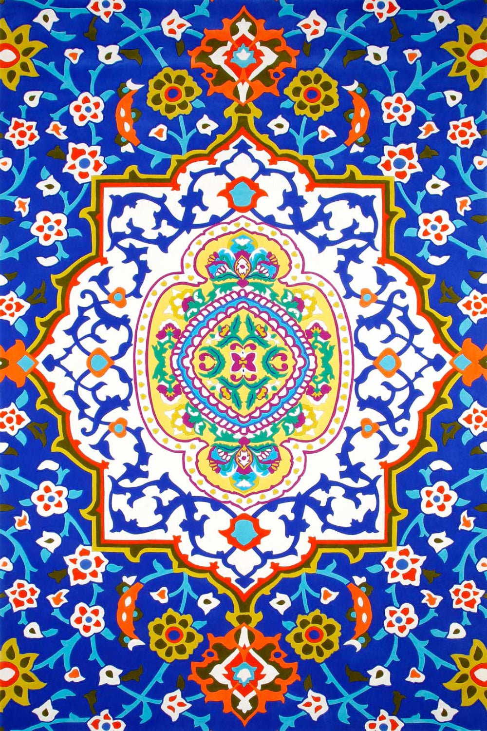 overhead of formentera rug by camilla blue background symmetrical floral