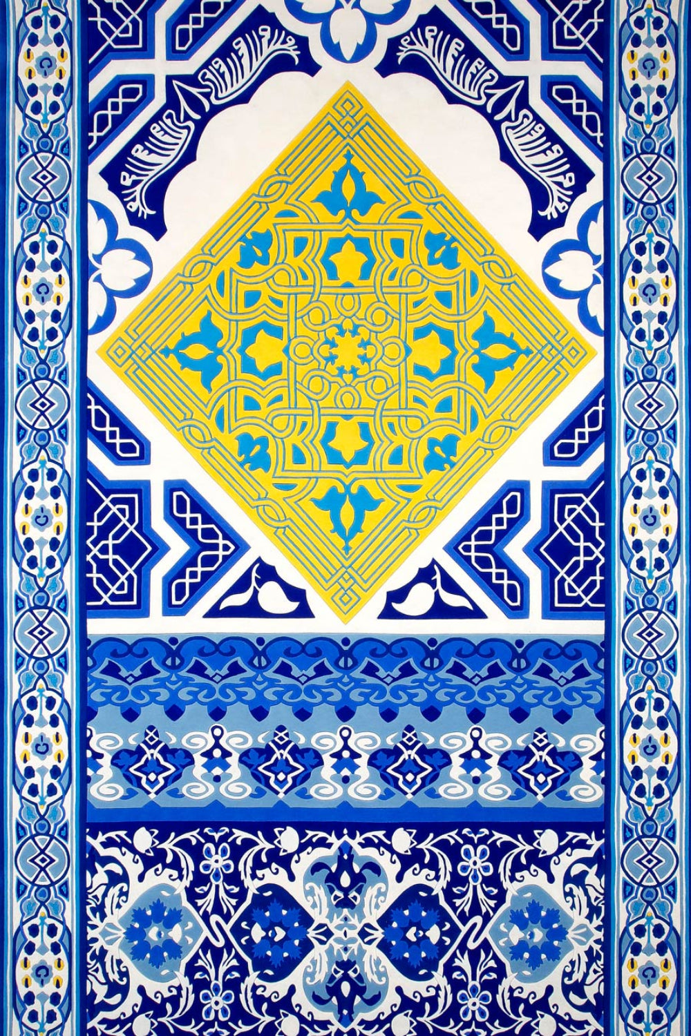 A square ceramic tile or decorative print featuring intricate Islamic geometric patterns in royal blue, navy, yellow, and white, with a large central diamond motif and ornate borders.