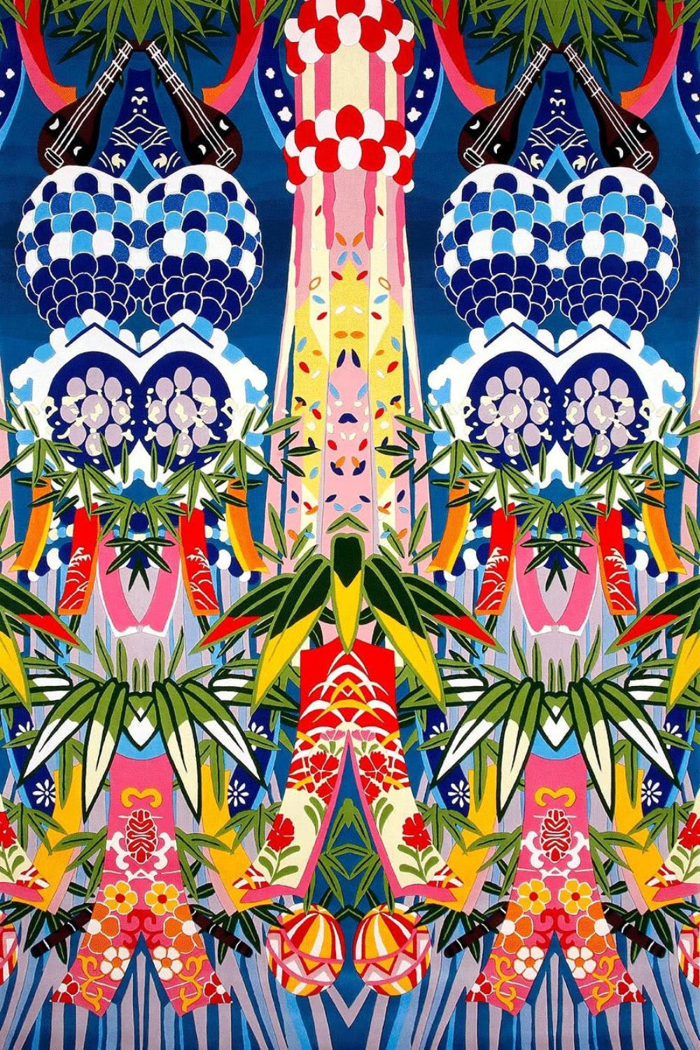 A highly detailed, symmetrical, and colorful graphic pattern featuring stylized skyscrapers, tropical palm leaves, and floral motifs in a vibrant, collage-like design.