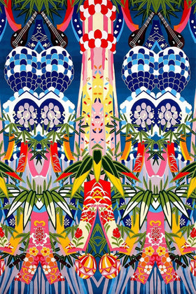 A highly detailed, symmetrical, and colorful graphic pattern featuring stylized skyscrapers, tropical palm leaves, and floral motifs in a vibrant, collage-like design.