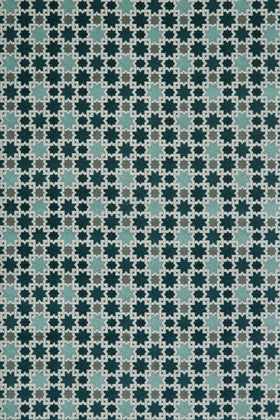 Overhead view of geometric Hammam carpet in blue colour