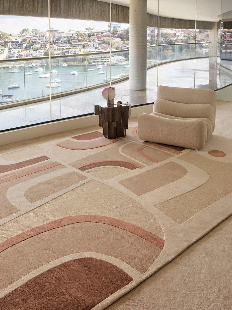 Dura is handknot rug by Greg Natale styled in a sophisticated interior – luxury designer rug with structured geometric pattern, handknotted in wool for elegance, texture, and lasting quality
