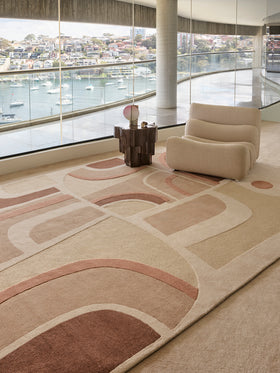 Dura is handknot rug by Greg Natale styled in a sophisticated interior – luxury designer rug with structured geometric pattern, handknotted in wool for elegance, texture, and lasting quality