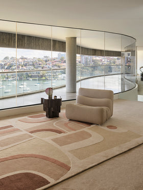 Dura is handknot rug by Greg Natale styled in a sophisticated interior – luxury designer rug with structured geometric pattern, handknotted in wool for elegance, texture, and lasting quality