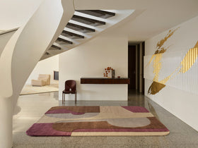 Rozzo wool handknot rug by Greg Natale styled in a modern interior – luxury designer rug with tonal geometric pattern, handknotted in wool for texture, depth, and durability
