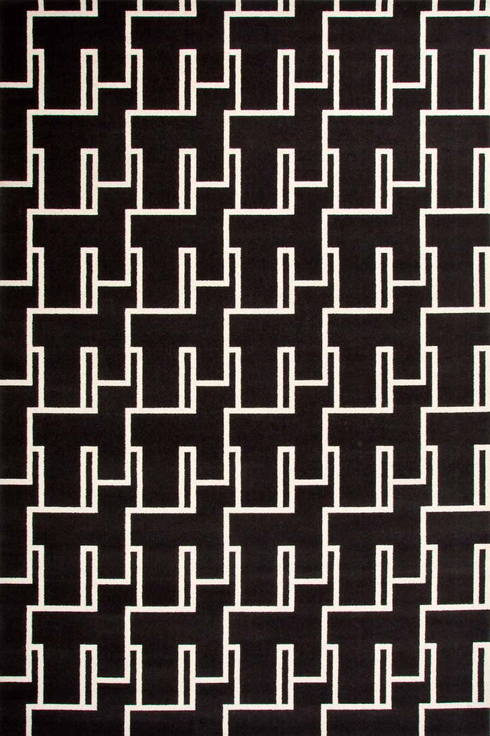 Overhead view of Dianne black and white patterned Axminster carpet by Greg Natale