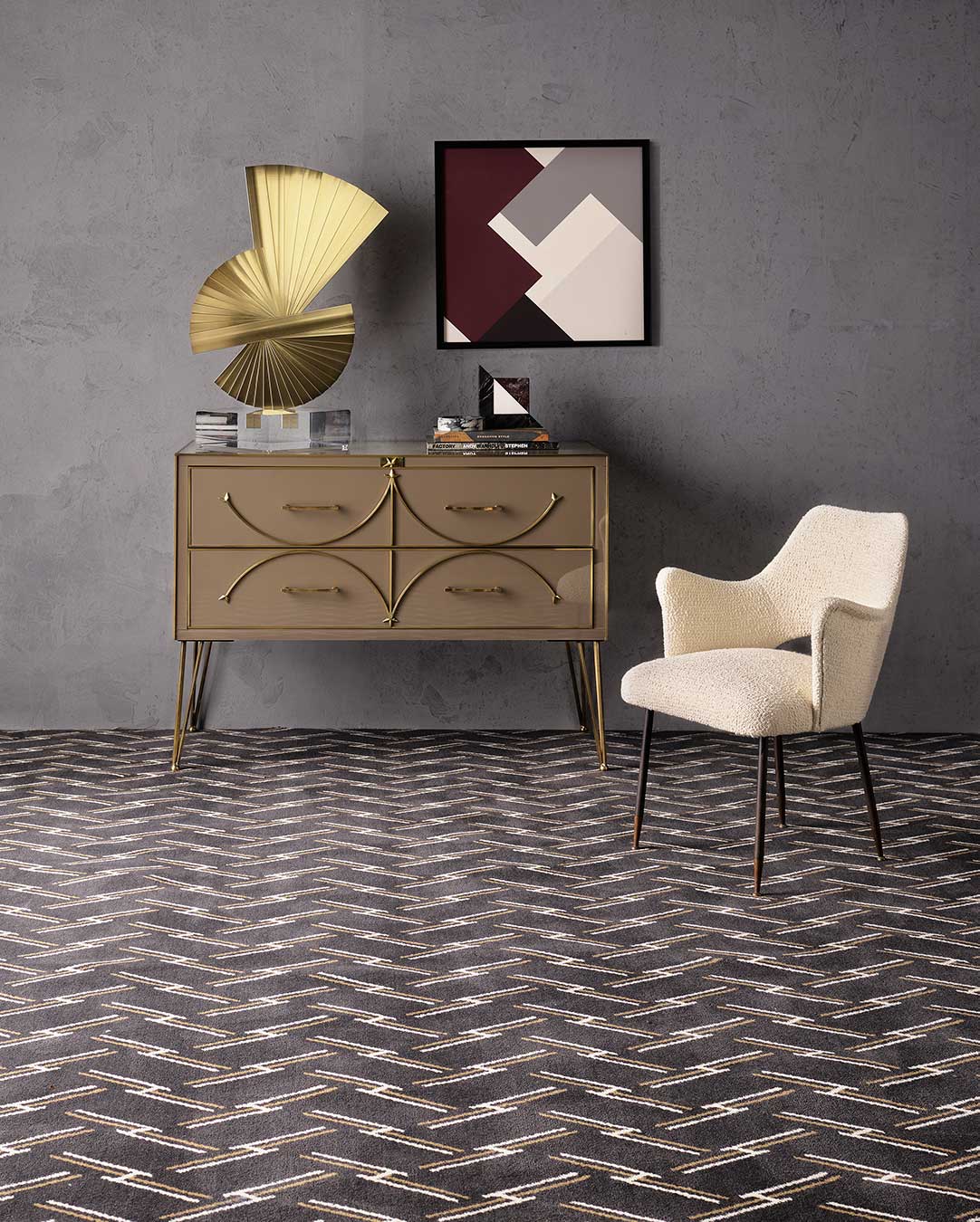 Living room view of Windsor brown geometric Axminster carpet by Greg Natale
