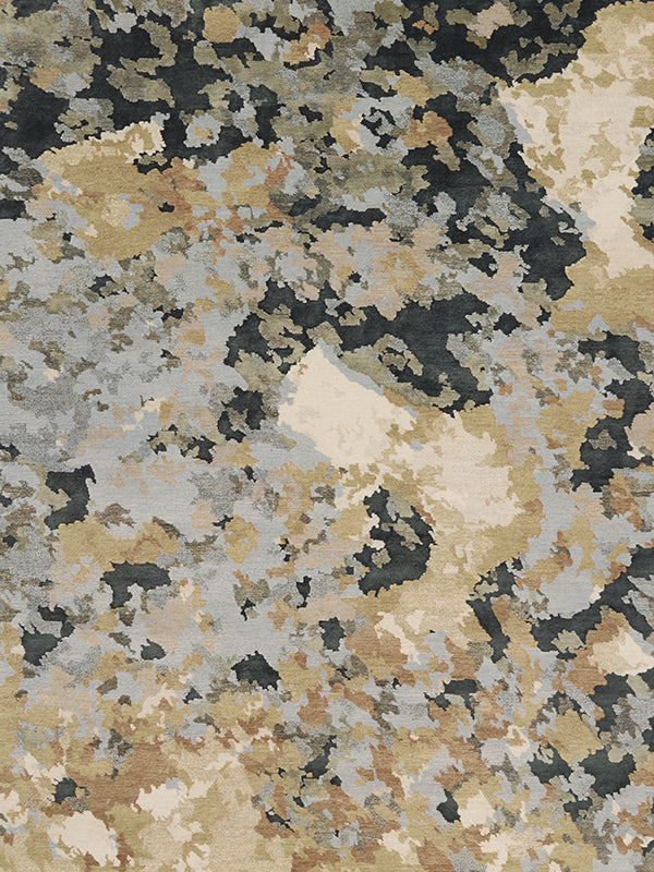 Overhead image of organic Terrain handknot rug by Hare and Klein in silver, charcoal and beige