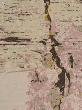 Overhead image of organic crevasse handknot rug by Hare and Klein in pink, gold and beige