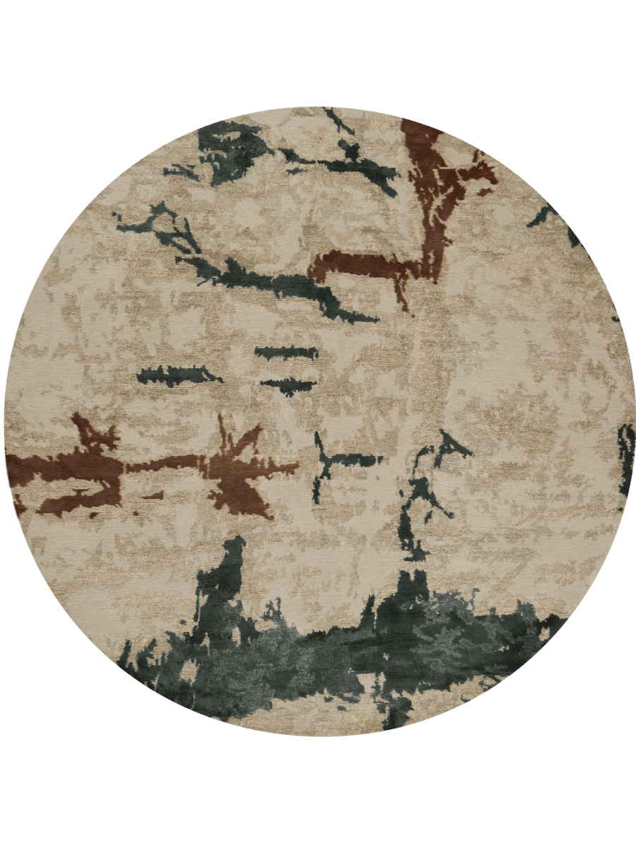 A round area rug with an abstract, distressed pattern in beige, dark charcoal gray, and rust brown, shown against a solid green background.