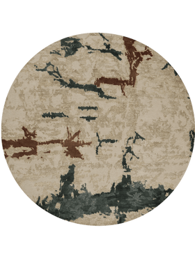 A round area rug with an abstract, distressed pattern in beige, dark charcoal gray, and rust brown, shown against a solid green background.