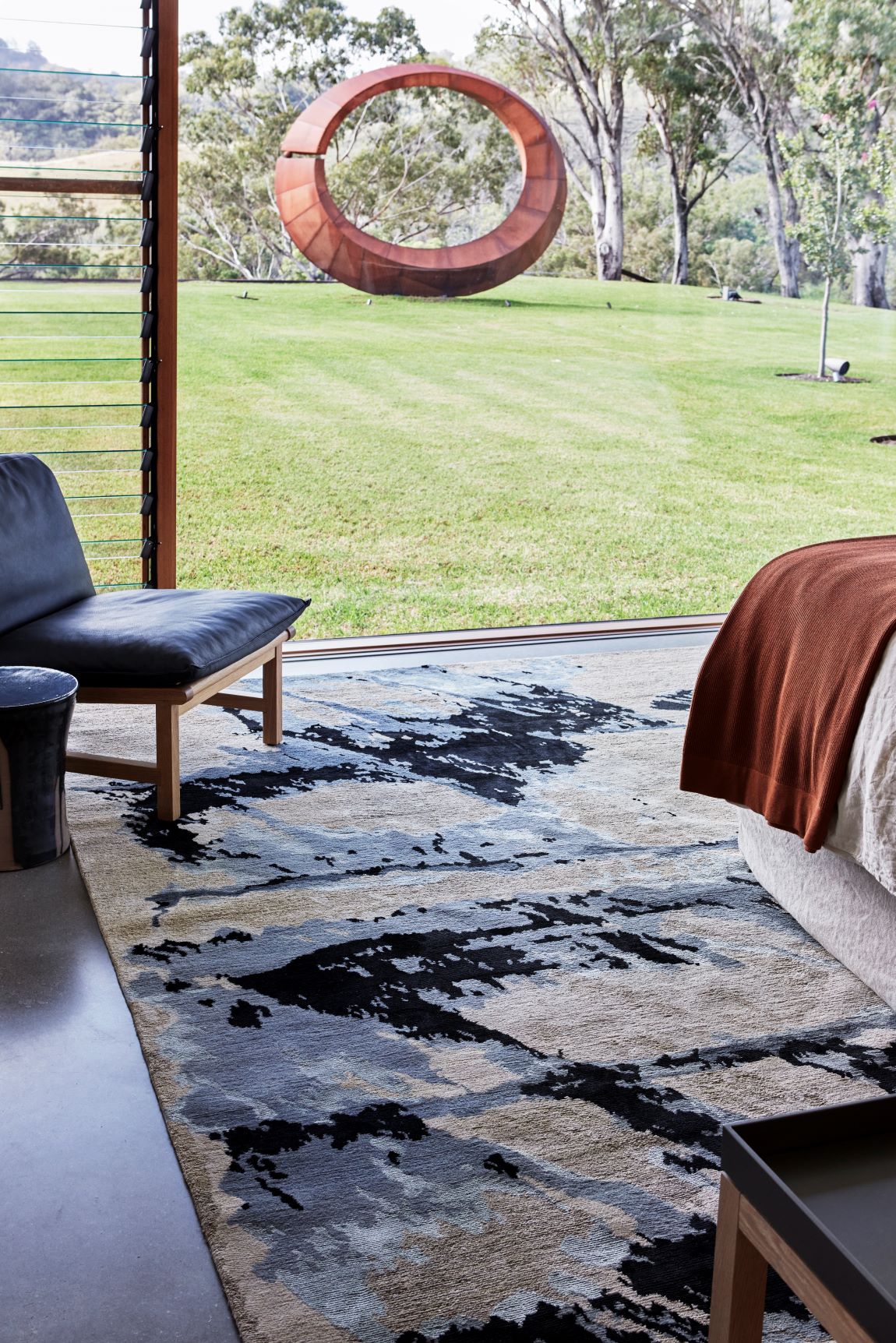 location image of organic Shores handknot rug by Hare and Klein in silver, charcoal and beige