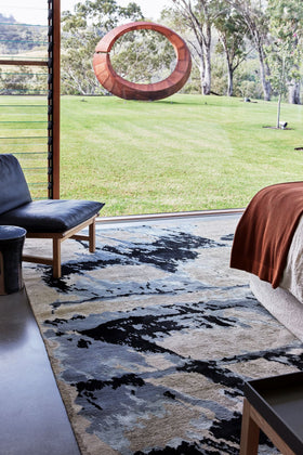 location image of organic Shores handknot rug by Hare and Klein in silver, charcoal and beige