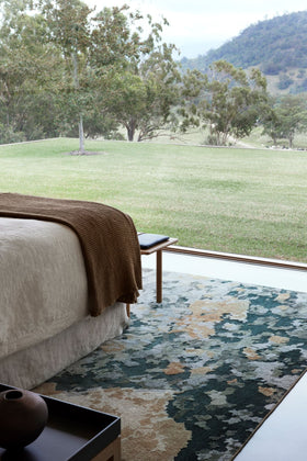 location image of organic Terrain handknot rug by Hare and Klein in silver,
