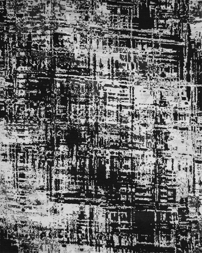 Overhead image of distressed Hatched rug in black colour