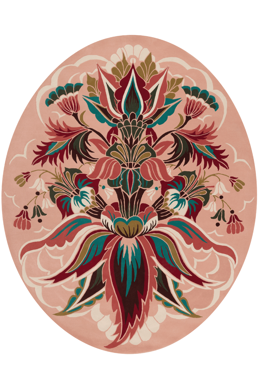 An oval area rug featuring a symmetrical, ornate floral and leaf pattern in shades of dusty pink, burgundy, teal, and cream, set against a solid dark green background.