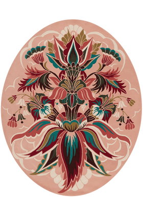 An oval area rug featuring a symmetrical, ornate floral and leaf pattern in shades of dusty pink, burgundy, teal, and cream, set against a solid dark green background.