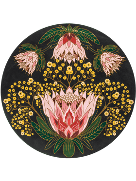A circular black rug featuring a detailed botanical pattern with pink protea-like flowers, green leaves, and clusters of small yellow flowers, shown on a plain white background.
