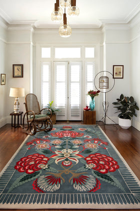 Living room image of floral Waratah Wonderland rug by House Of Heras in green colour