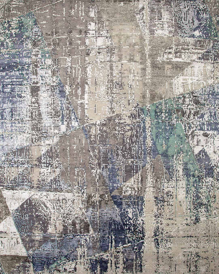 Overhead view of distressed Kashmir rug in blue colour