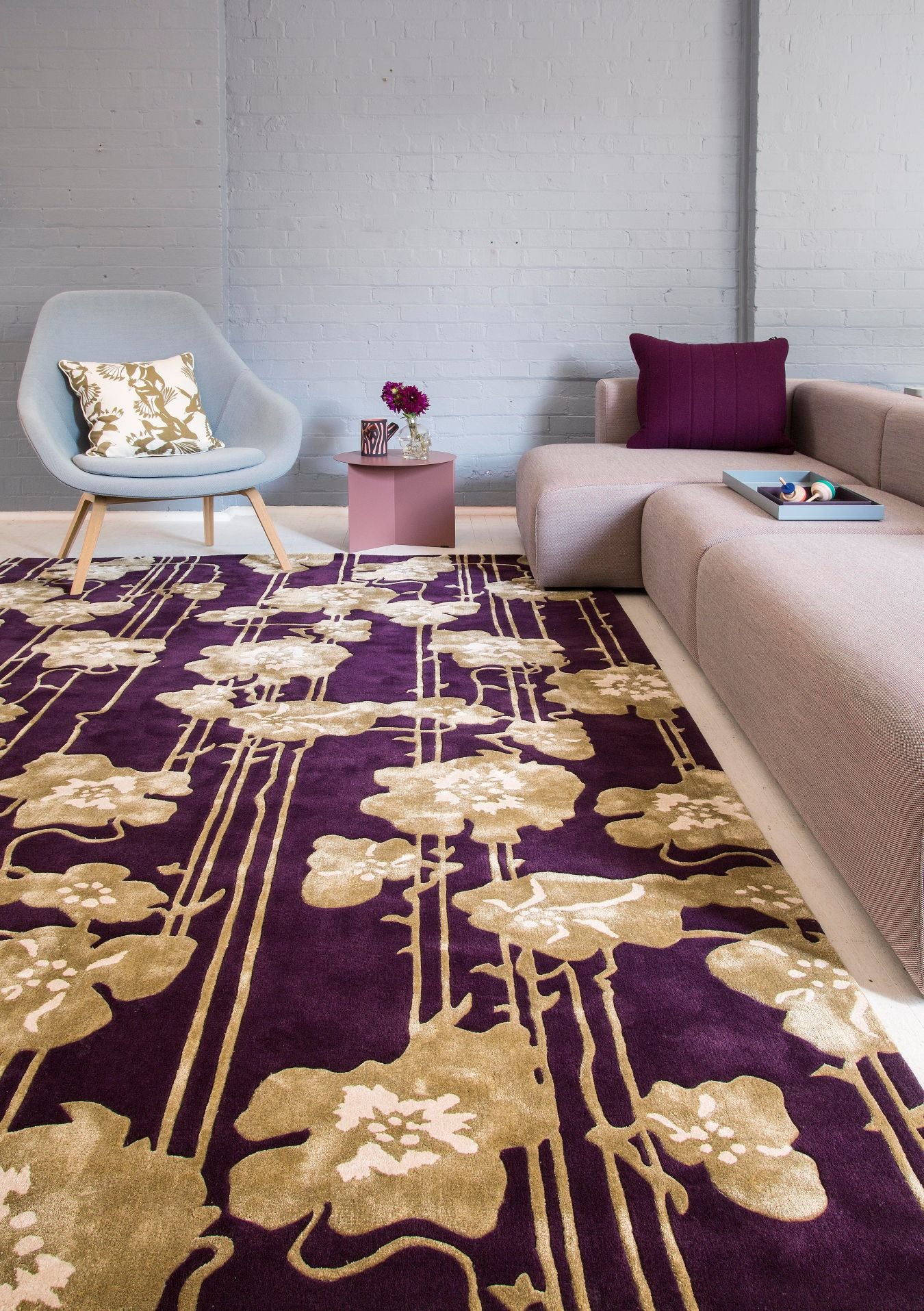 location image of art nouveau Poppy rug by Kingdom home in burgundy colour