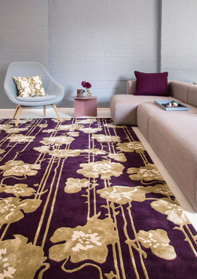 location image of art nouveau Poppy rug by Kingdom home in burgundy colour
