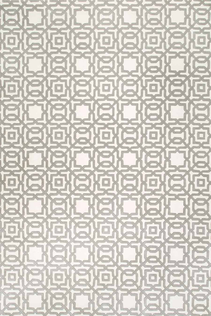 Overhead, detailed view of the classic, geometric patterns of our Leon rug un white and light grey