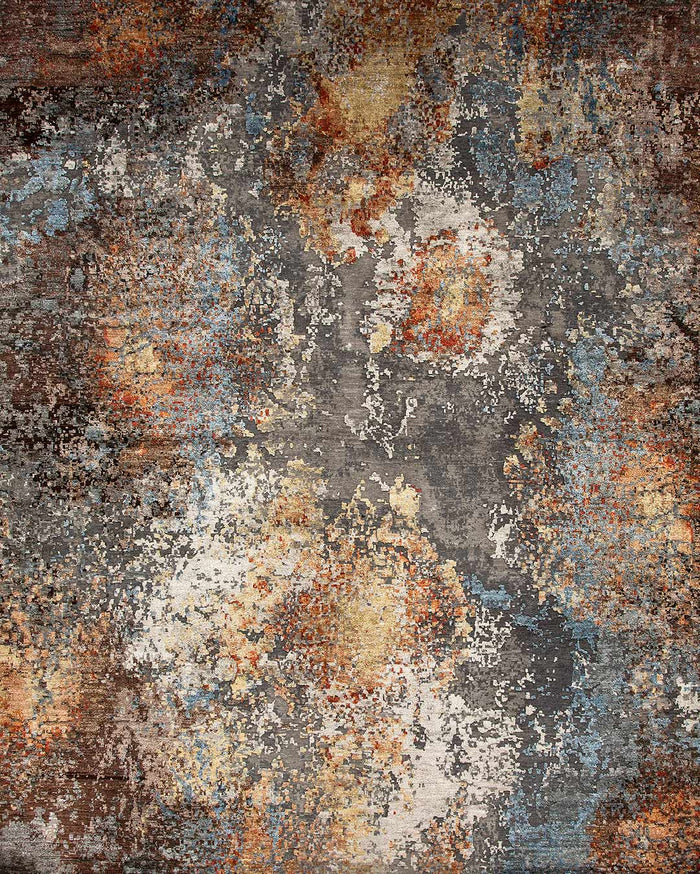 Overhead image of abstract Mars handknot rug in red and gold colour