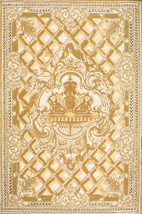 Overhead image of classic The Palace Gates rug by Megan Hess in gold colour