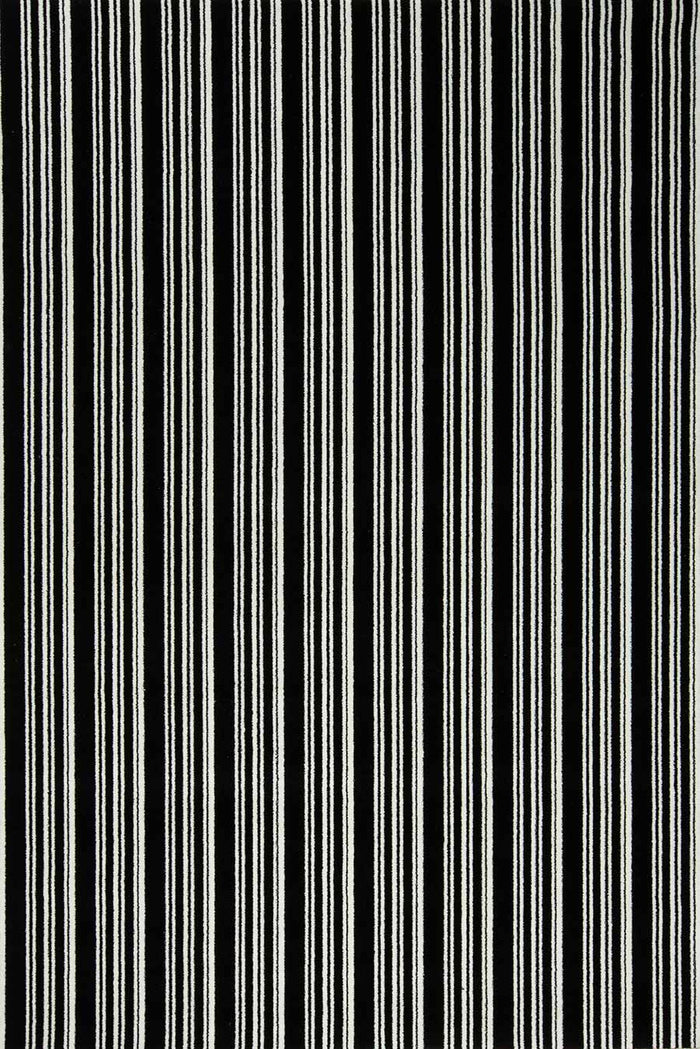 Overhead view of Leith black and white striped Axminster carpet