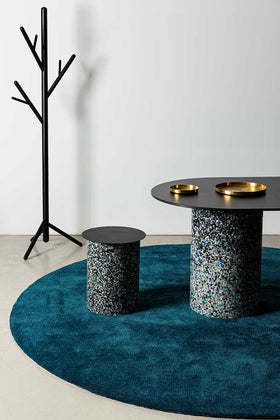 Dining room view of textured Napoleon Cut Pile rug in teal colour