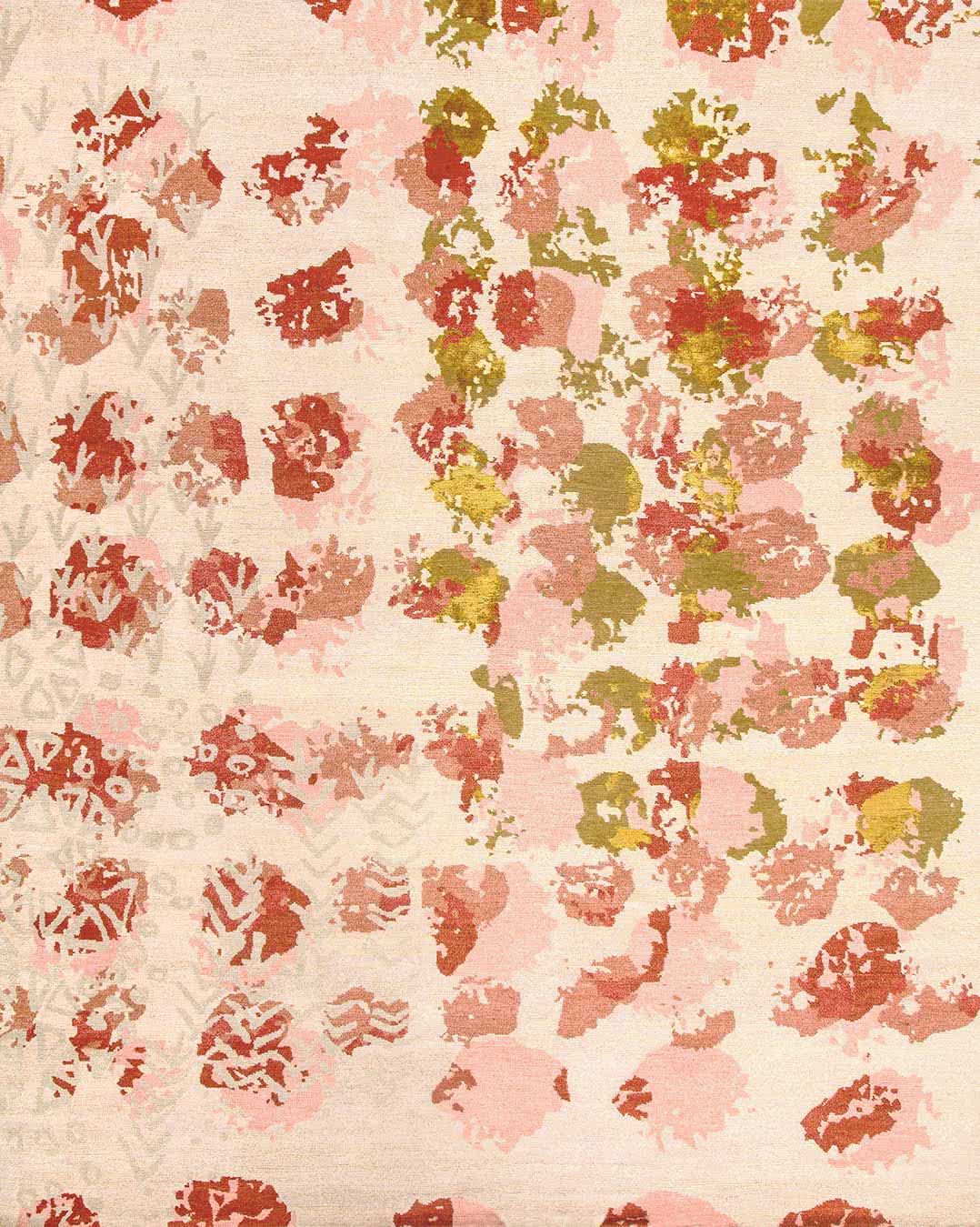 A close-up of a textured fabric or wallpaper pattern featuring abstract floral motifs in shades of terracotta red, dusty pink, and olive green on a warm cream background.