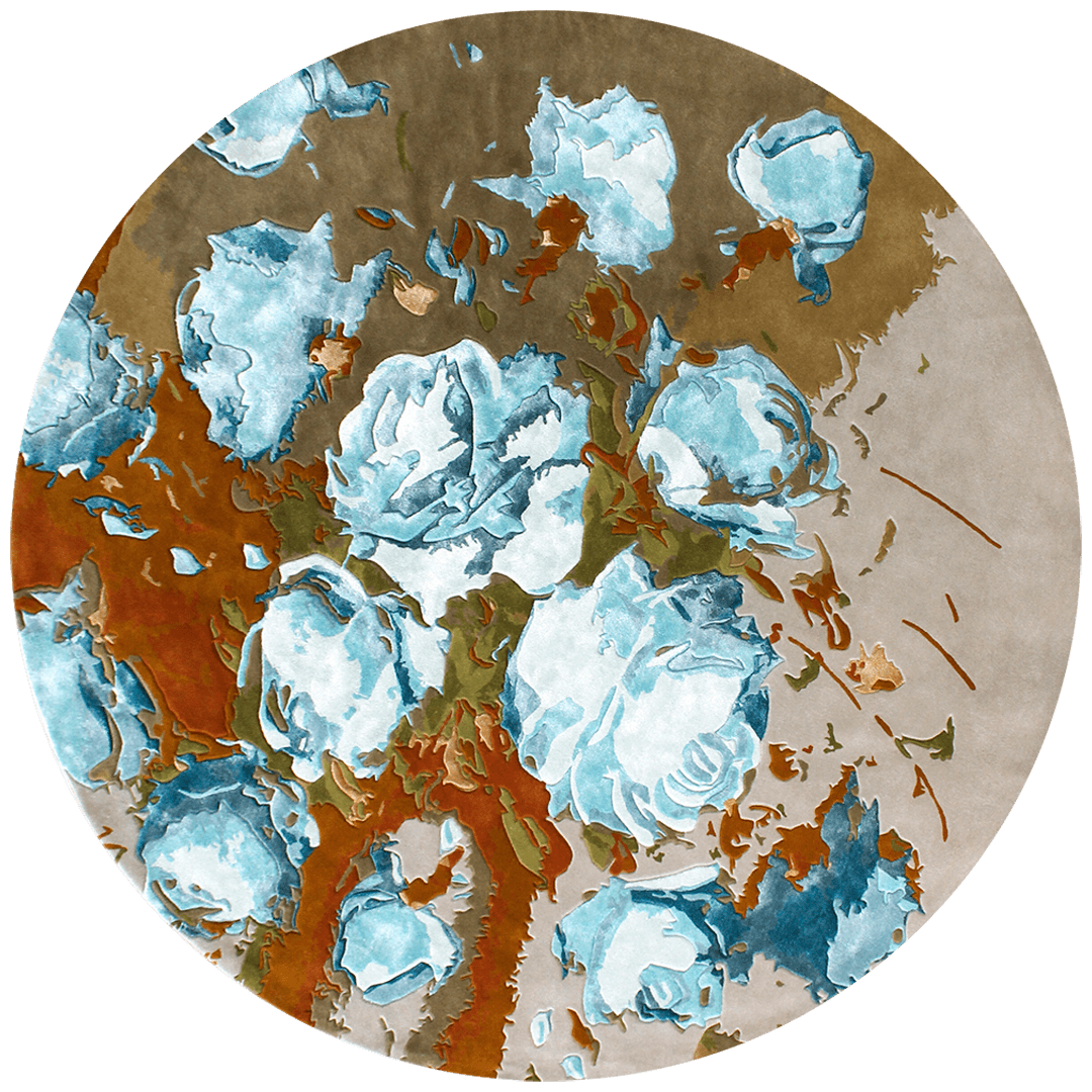 overhead image of floral Mavis rug in blue colour