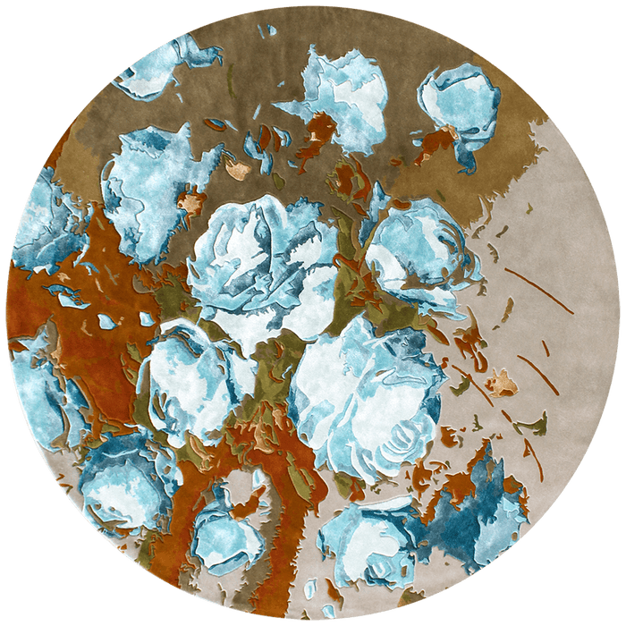 overhead image of floral Mavis rug in blue colour