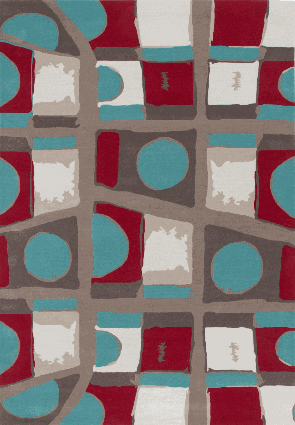 A square area rug with an abstract geometric pattern featuring teal, burgundy red, taupe, and off-white blocks and semi-circles. Designed by Designer Rugs