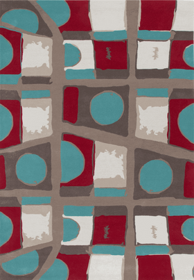 A square area rug with an abstract geometric pattern featuring teal, burgundy red, taupe, and off-white blocks and semi-circles. Designed by Designer Rugs