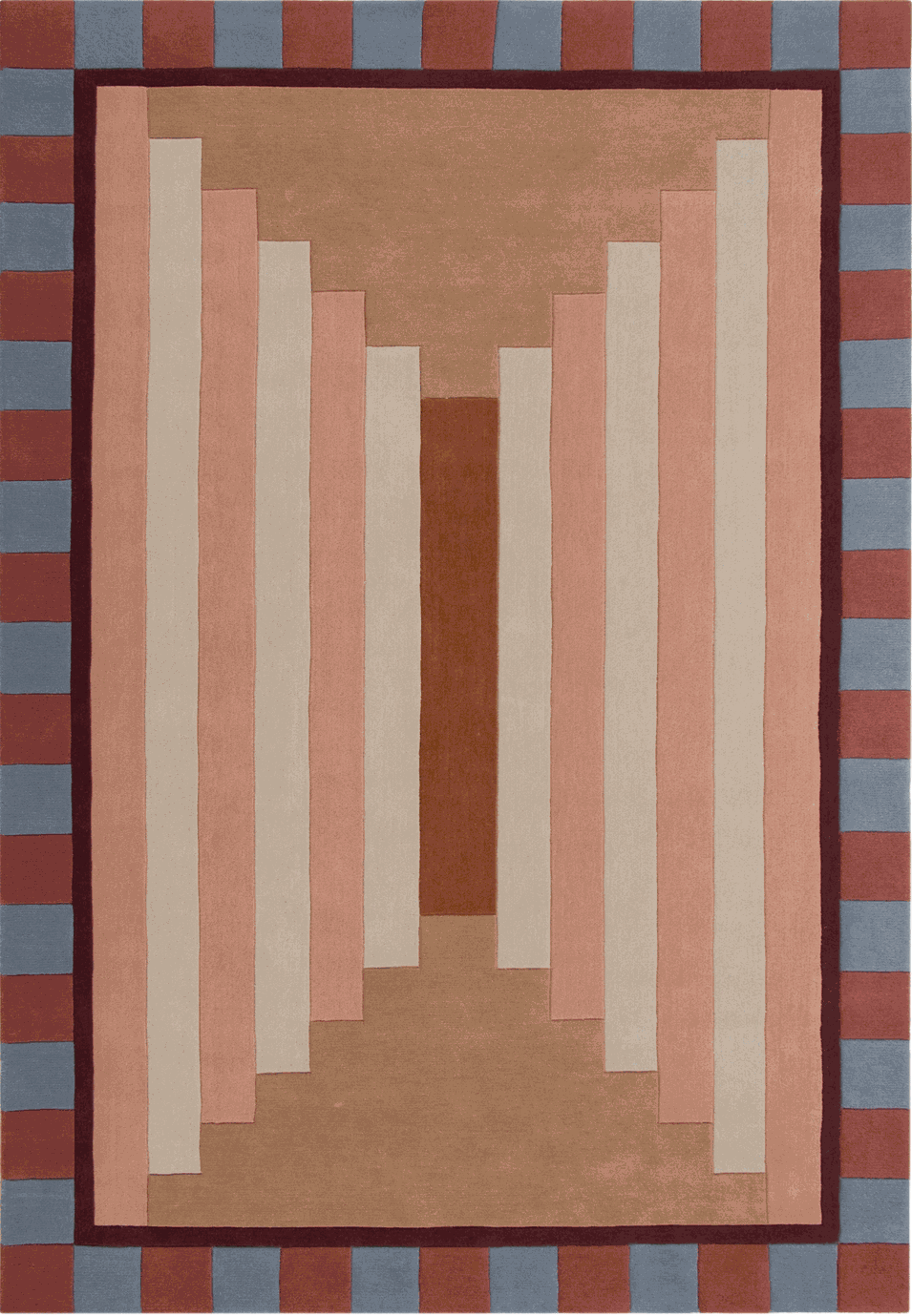 An abstract geometric area rug featuring a central vertical striped pattern in shades of brown, terracotta, dusty pink, and cream, framed by a checkered border of muted blue-gray and terracotta.  The Login cabin rug is designed by Designer Rugs