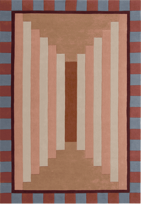 An abstract geometric area rug featuring a central vertical striped pattern in shades of brown, terracotta, dusty pink, and cream, framed by a checkered border of muted blue-gray and terracotta.  The Login cabin rug is designed by Designer Rugs